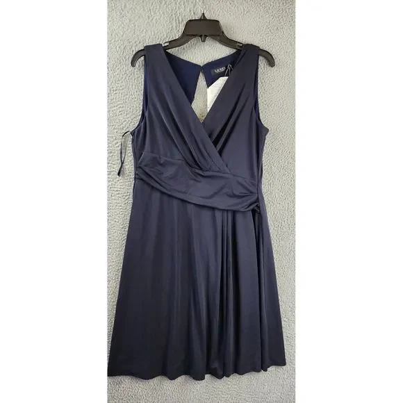 Lauren Ralph Lauren Dress Faux Wrap Women Size 6 Navy Blue Sequin Sleeveless